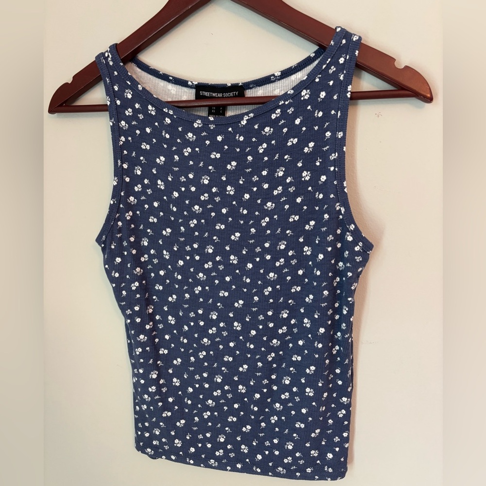 Streetwear Society, SP, Dark Navy Blue, Cute Tank, Off White Mini Dainty Flowers